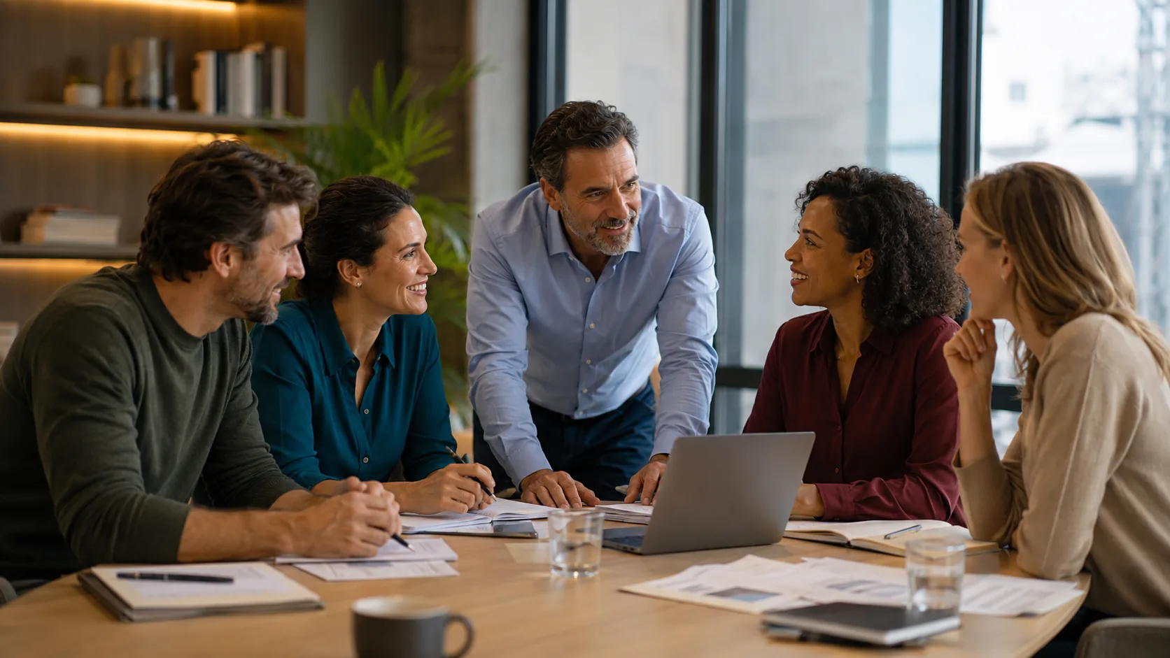 Profesionales colaborando en una reunión estratégica de consultoría